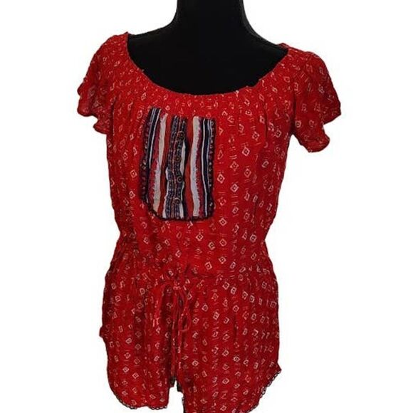 Xhilaration Red Boho Print Short Sleeve Romper Small - Picture 2 of 5